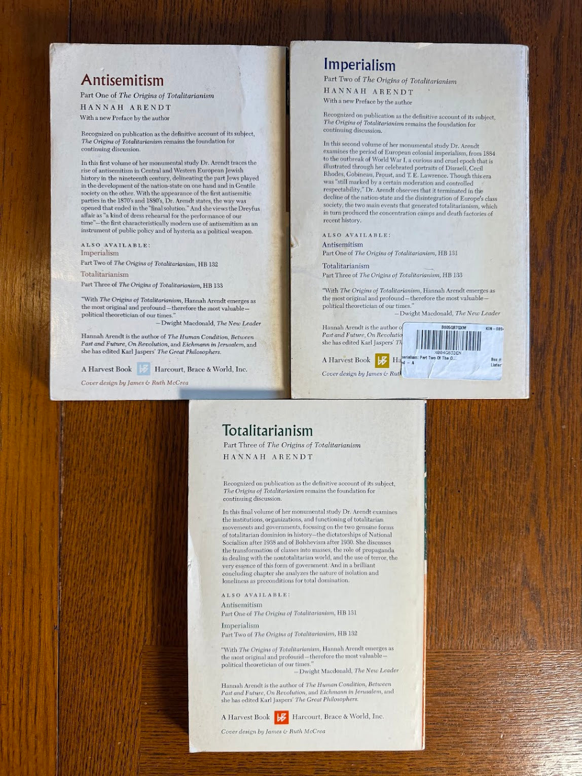 The Origins of Totalitarianism by Hannah Arendt 3 Volumes