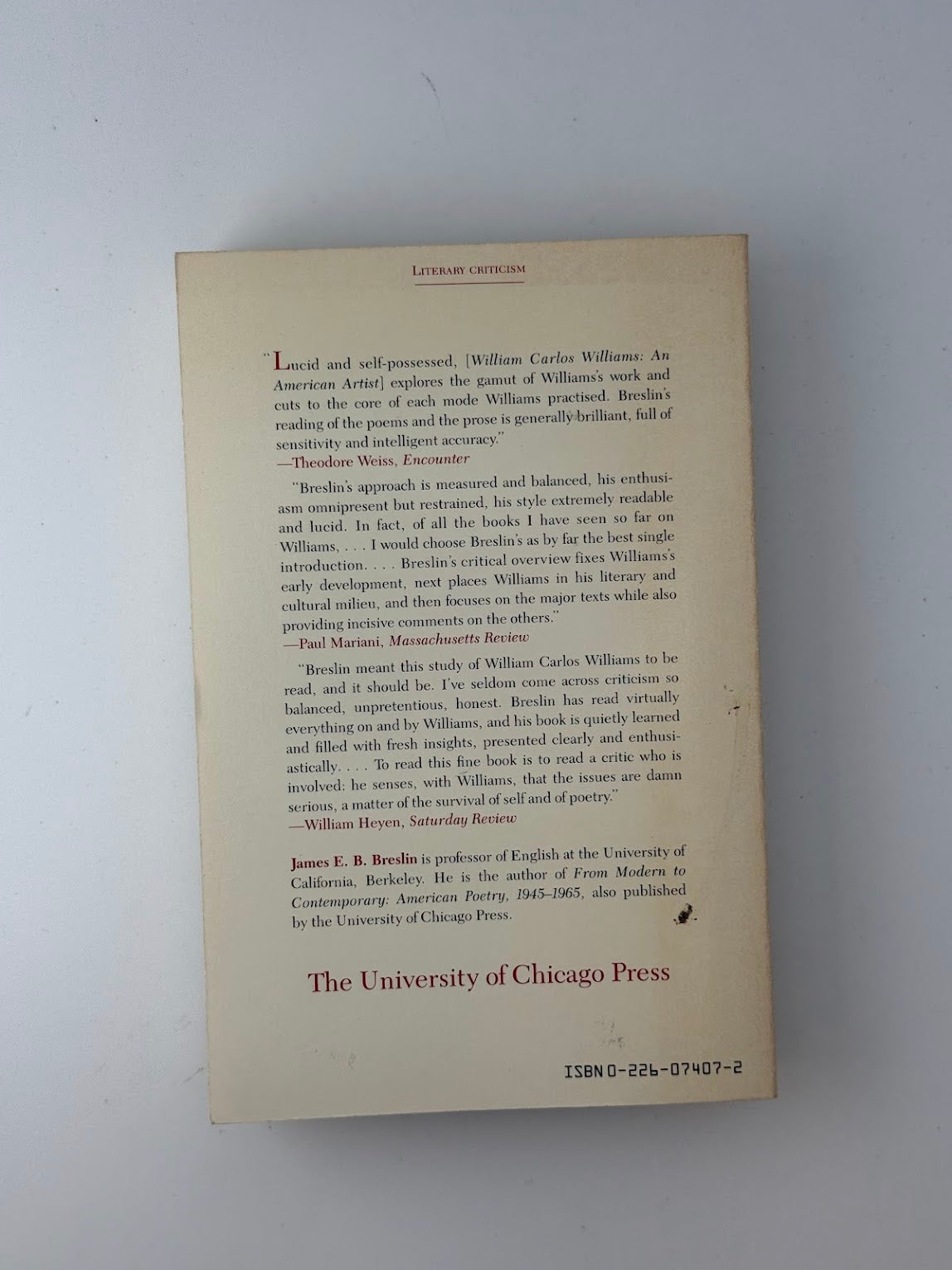 William Carlos Williams - An American Artists by James E.B. Breslin