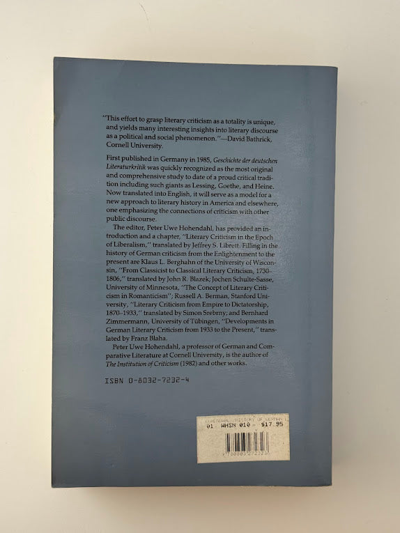 A History of German Literary Criticism, 1730-1980 edited by Peter Uwe Hohendahl