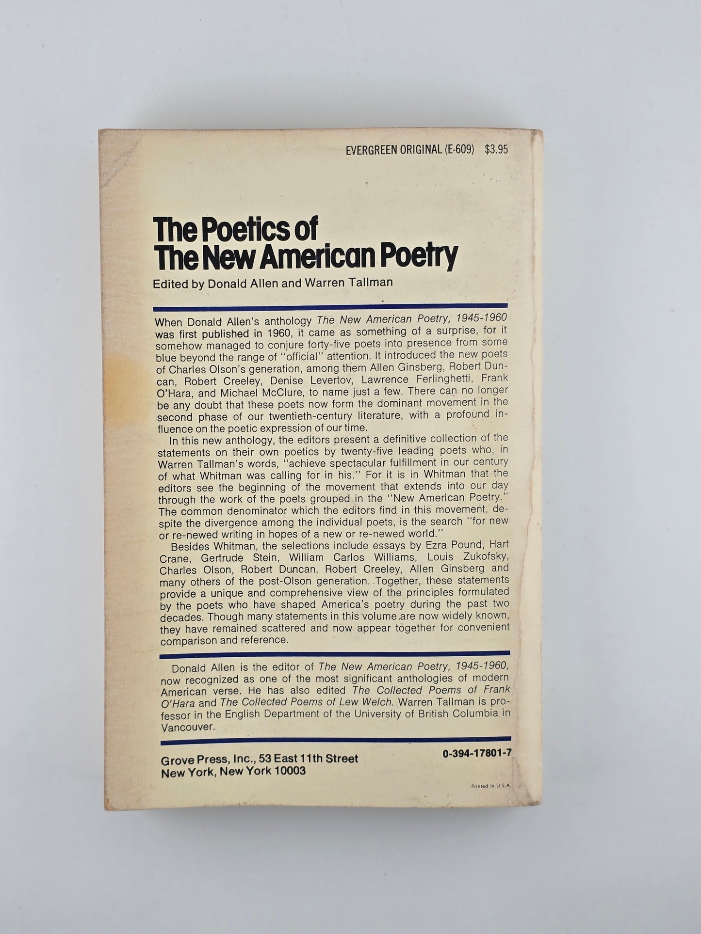 The Politics of The New American Poetry edited by Donald Allen and Warren Tallman