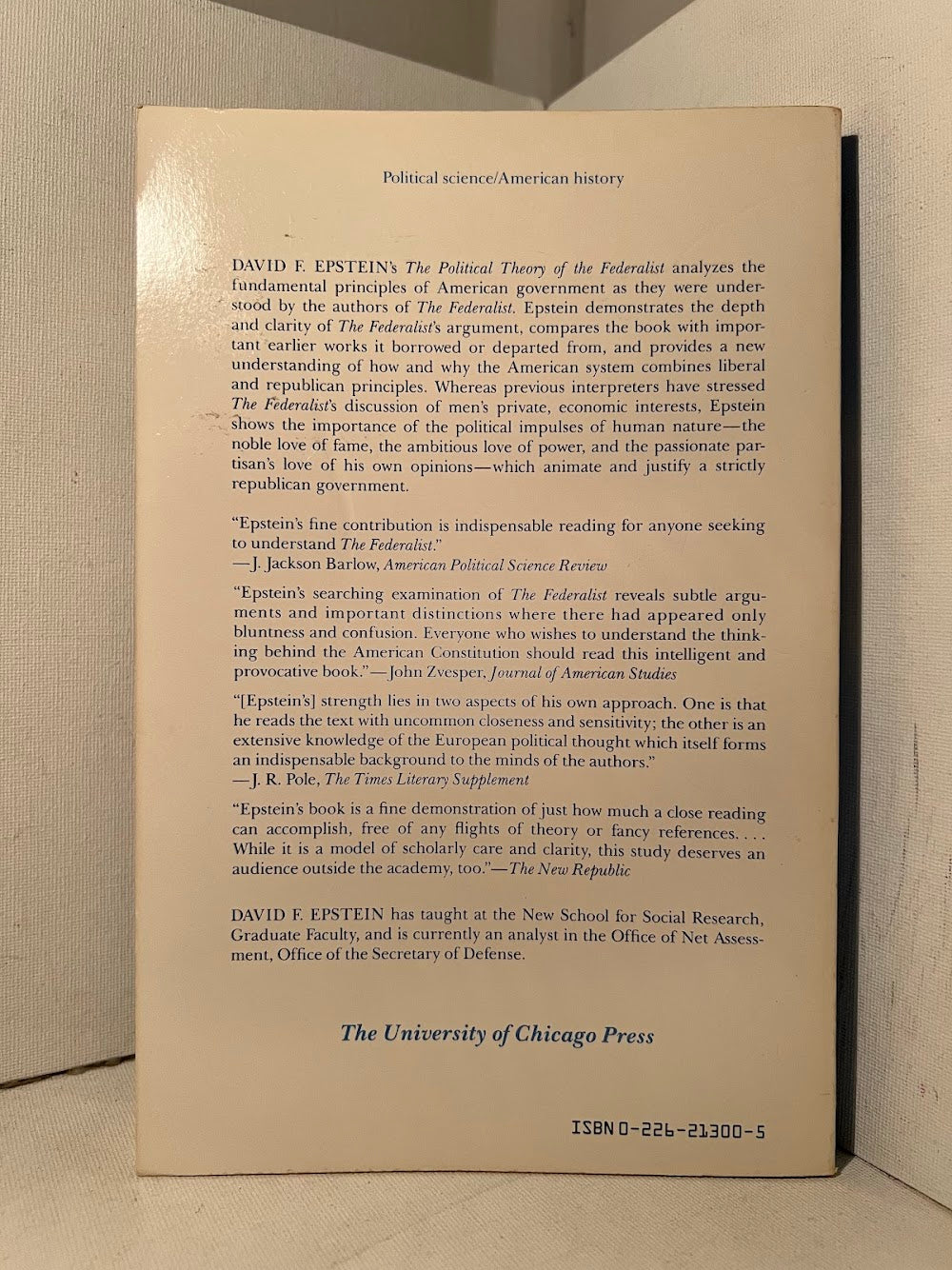 The Political Theory of The Federalist by David F. Epstein