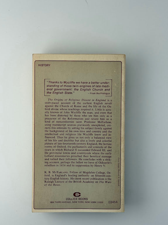 The Origins of Religious Dissent in England by K.B. McFarlane