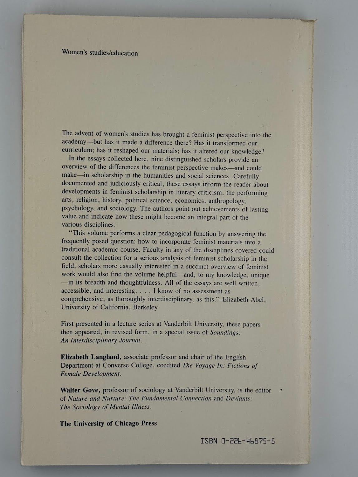 A Feminist Perspective in the Academy edited by Elizabeth Langland and Walter Gove